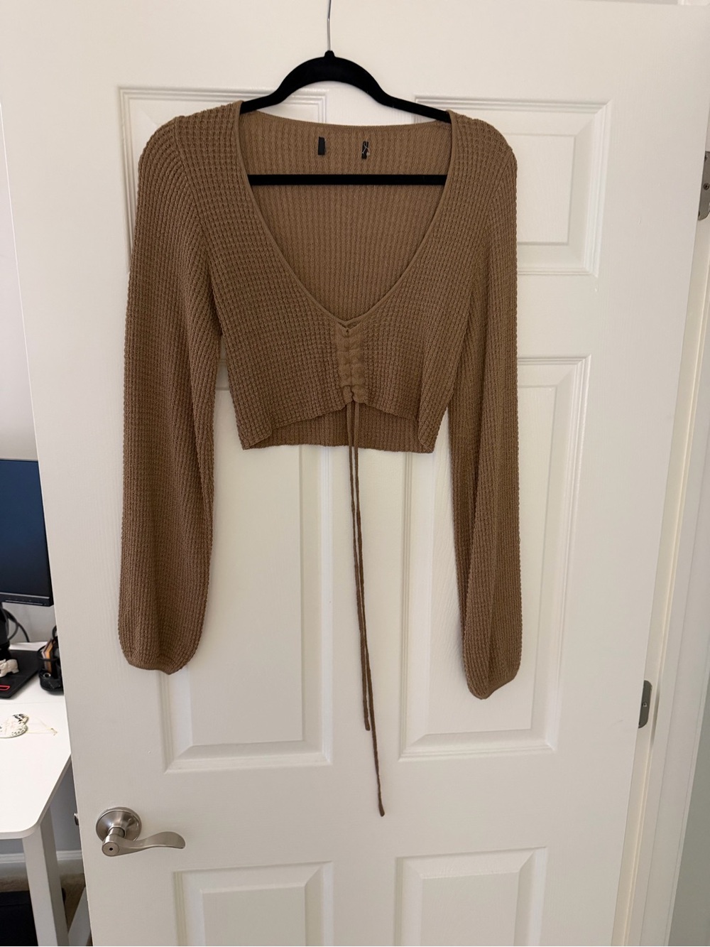 White Fox Boutique Tan Knit Cropped V-Neck Tie-Front Top
